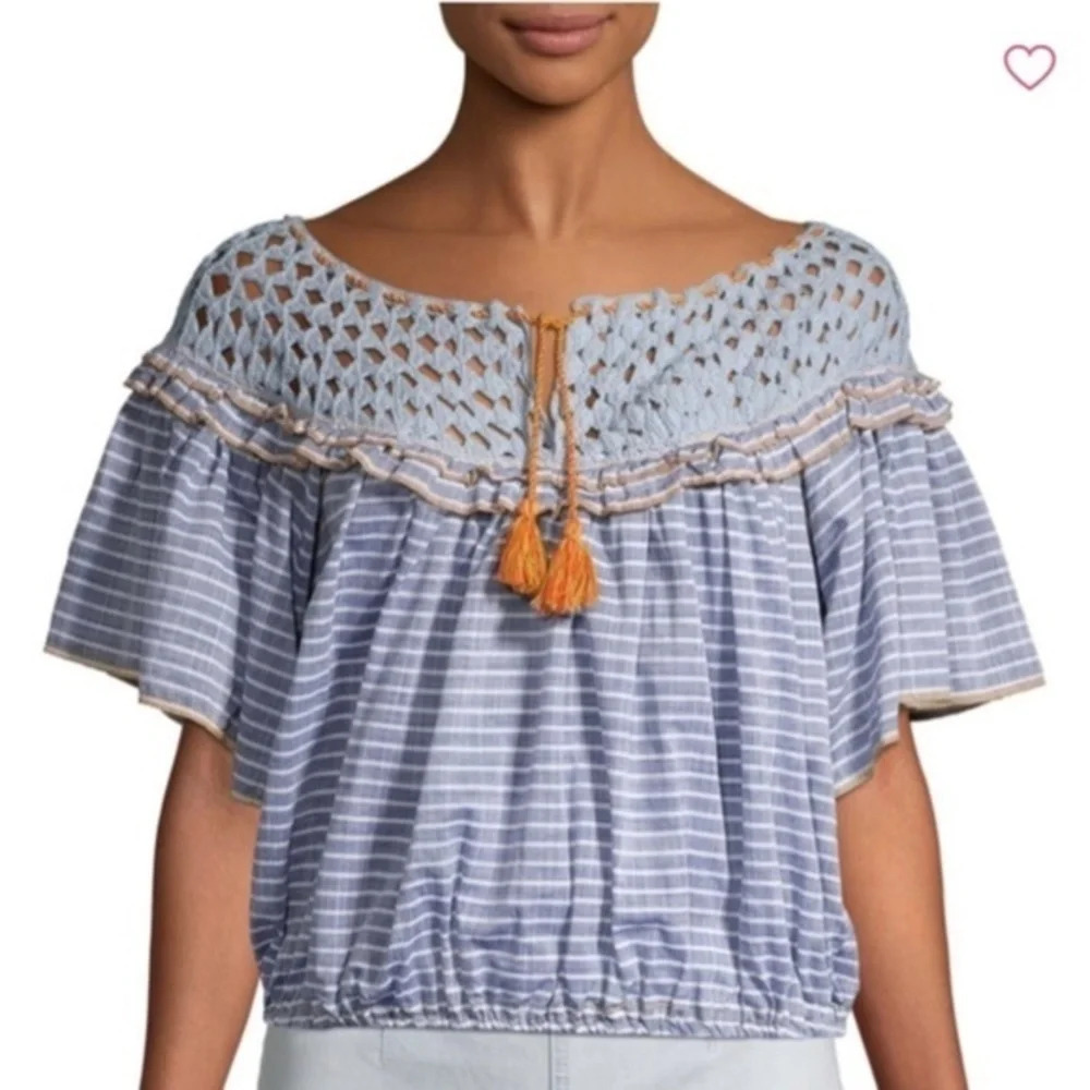 Free People Allora  Blue Striped Crochet Top XS